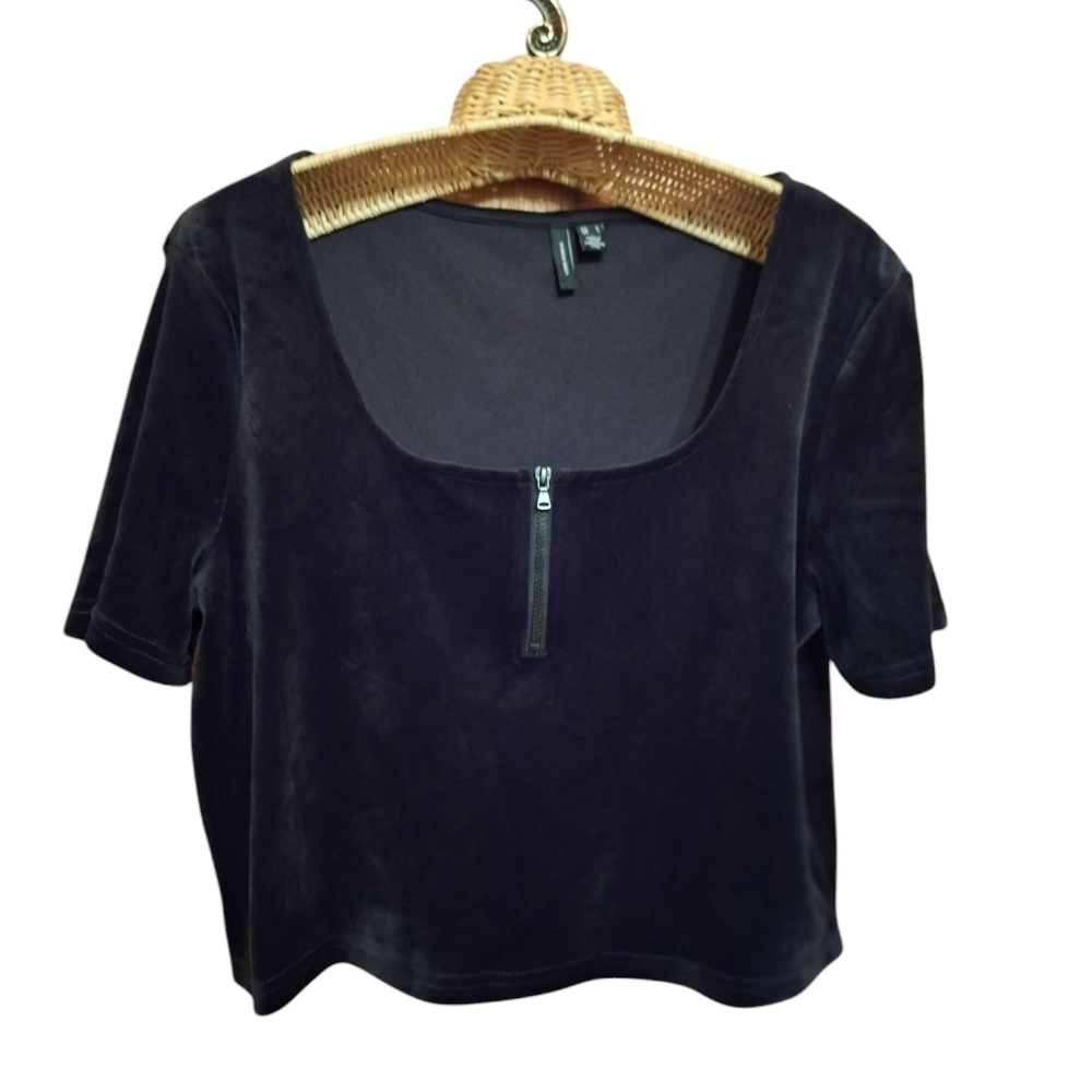 Vera Moda Athena Black Velvet Crop Top 1/4 Zip Large Whimsigoth  Goth Witchy